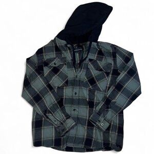 Black and Green Flannel Hooded Button Up